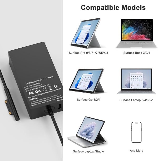 127W 15V 8A Laptop Charger adapter for Microsoft Surface Book 3 Also for 102W Surface Book 2, 1, Surface Laptop Studio 2, 1, Windows Surface Pro/Laptop/Go + Magnetic Plug+FREE UK POWER CORD - Image 4