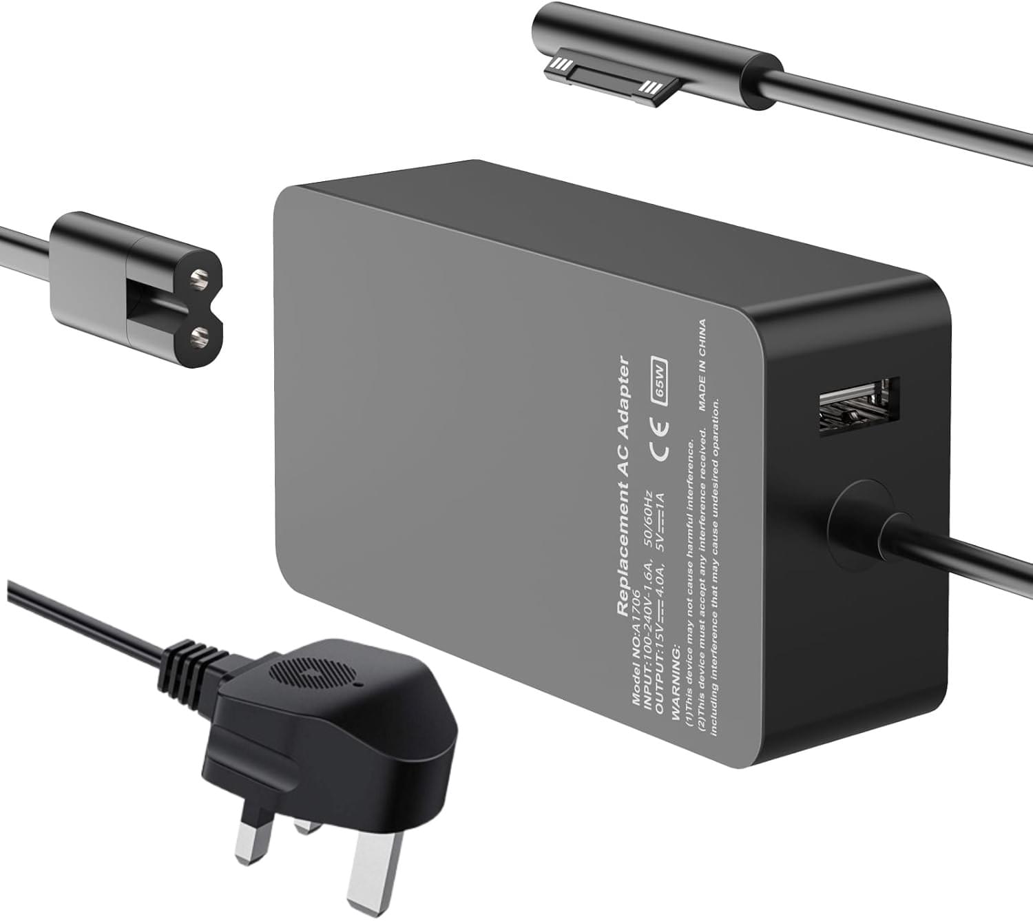 Wizon 65W 15V 4A Power Supply Surface Laptop Charger Compatible for Microsoft Surface Pro7/6/5/4/3/X Surface Laptop1/2/3 Surface Go1/2 Surface Book 1/2 with 5V USB Charging Port + FREE UK power cord