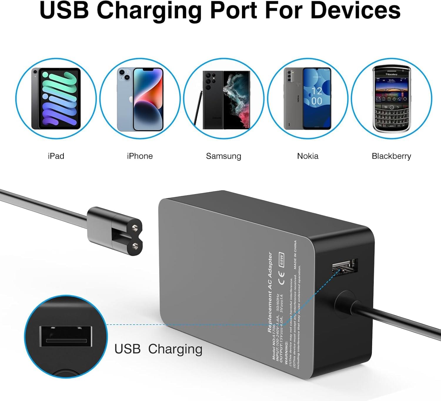 Wizon 65W 15V 4A Power Supply Surface Laptop Charger Compatible for Microsoft Surface Pro7/6/5/4/3/X Surface Laptop1/2/3 Surface Go1/2 Surface Book 1/2 with 5V USB Charging Port + FREE UK power cord - Image 4